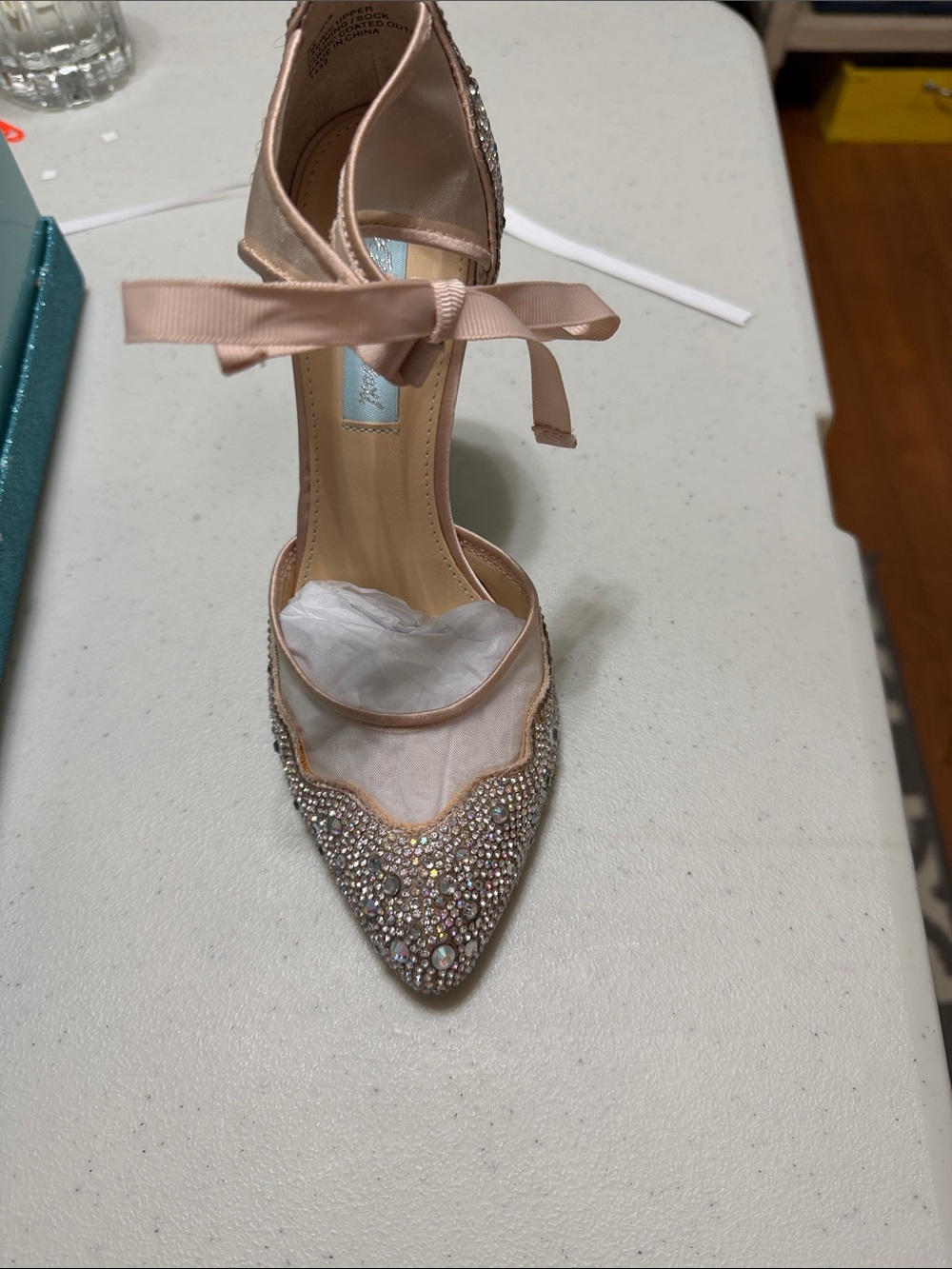 Betsey Johnson Blush Pink Crystal Embellished Tie-Up Heels - Picture 2 of 7